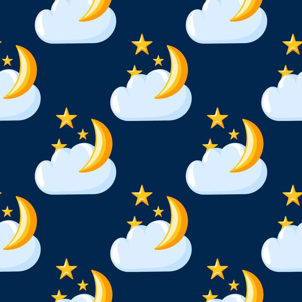 Seamless night sky pattern with crescent moon, star and fluffy cloud on a dark blue background in cartoon style. Perfect for textile, wallpaper, baby product and dreamy celestial themed design. vector