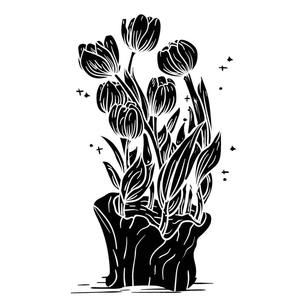 black and white illustration of tulips in a vase vector