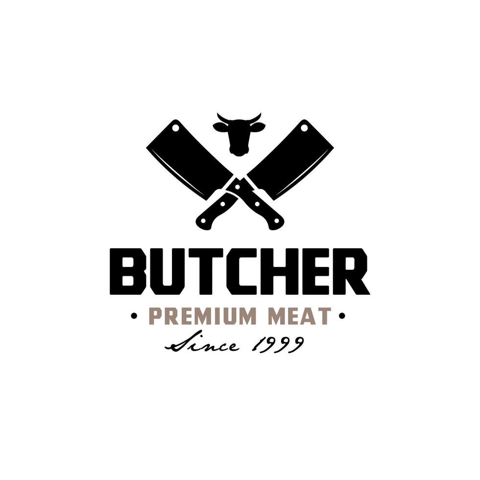 Crossed Knife with cow Head for Vintage Retro Butcher shop label logo design vector
