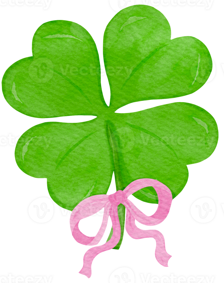 Retro St Patrick Four Leaf Clover with Ribbon Bow Watercolor png
