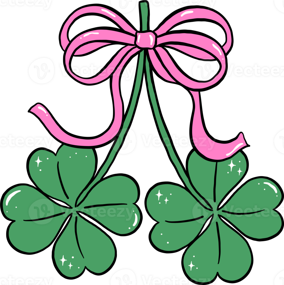 Retro Coquette 4 Leaf Clover cherries liked with pink bow png