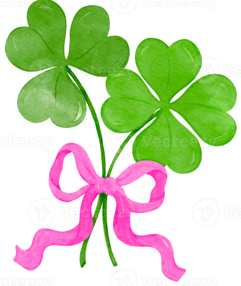 Coquette Four Leaf Clover with Ribbon Bow Retro St Patrick Watercolor png