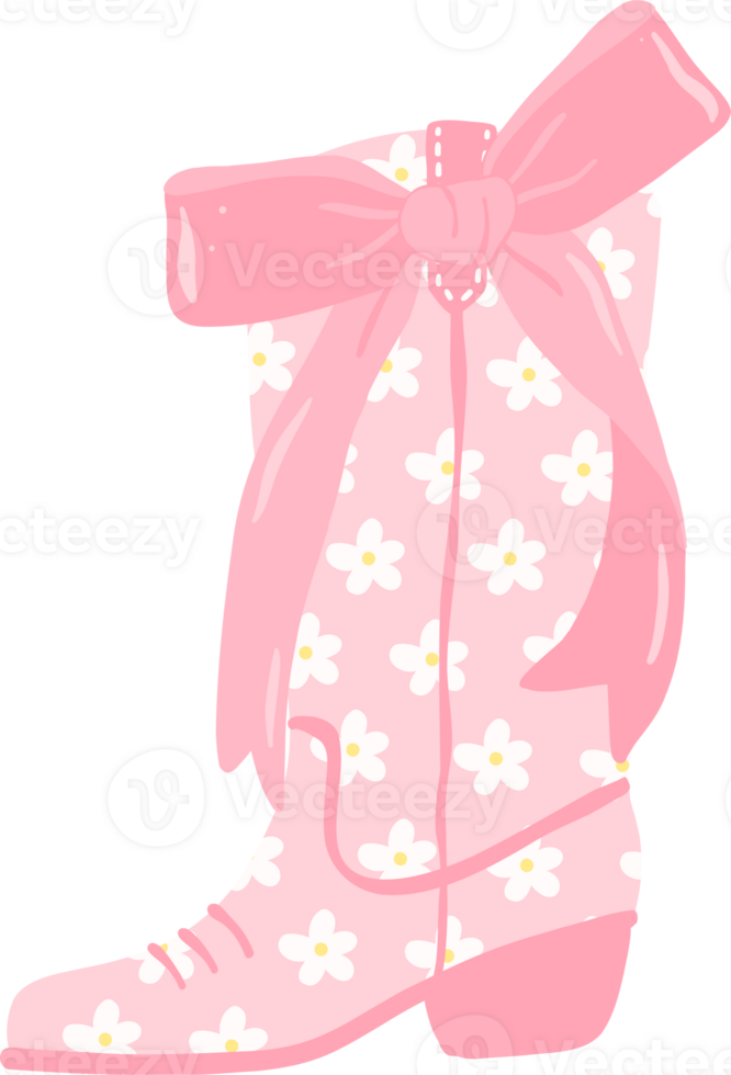 Retro Coquette Cowgirl Boot with Daisy Flower Pattern and Pink Ribbon Bow png