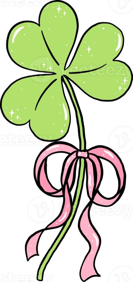 Retro St patrick Coquette 4 Leaf Clover with pink ribbon bow png