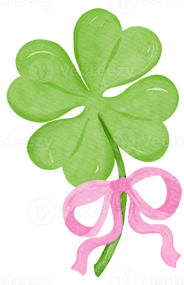 Retro Coquette St Patrick Four Leaf Clover with Ribbon Bow Watercolor png
