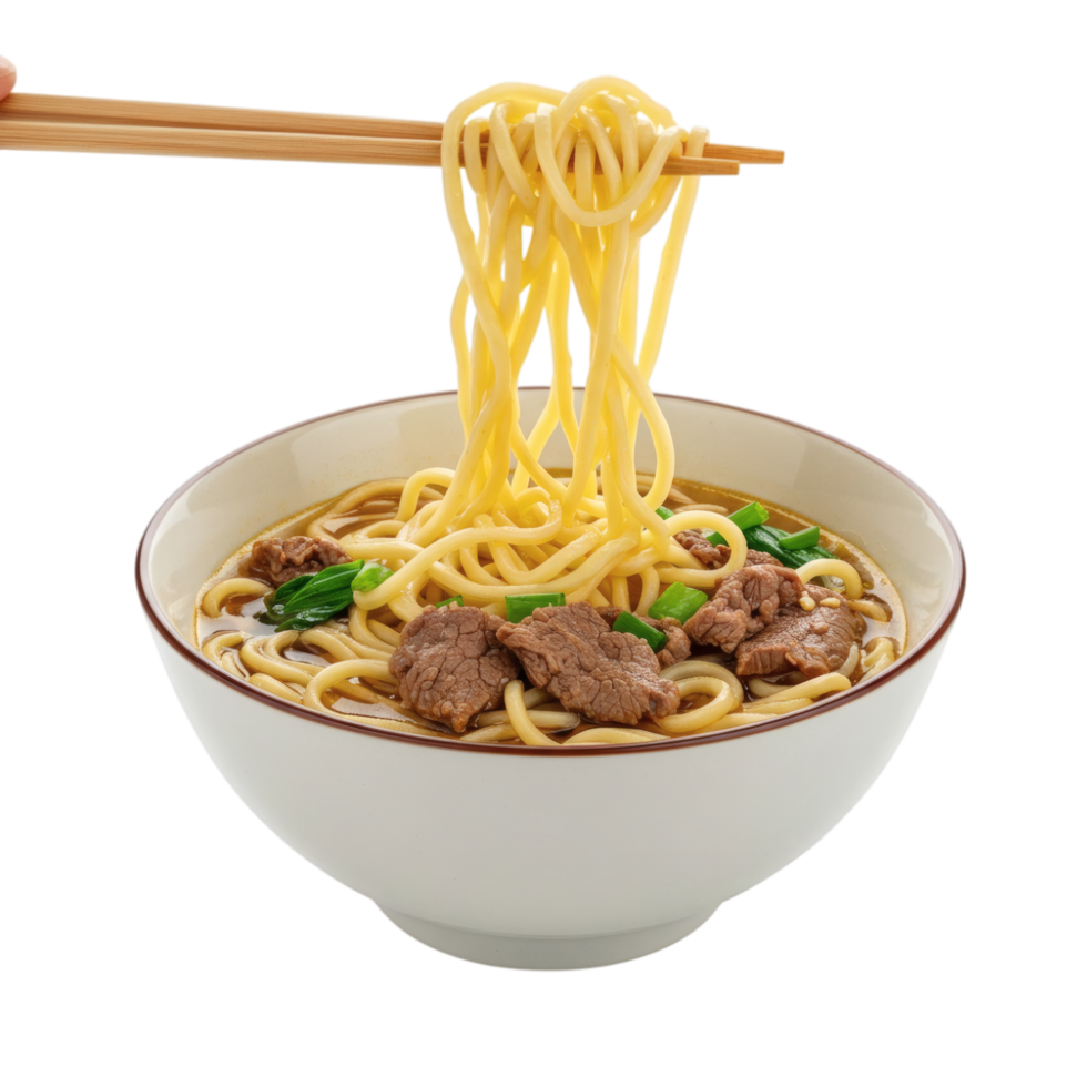 Chopsticks holding noodles and beef in a bowl png