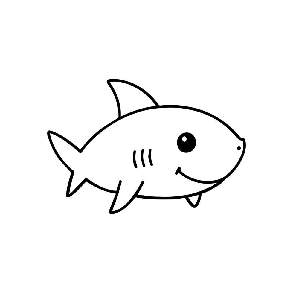 Cute Cartoon Shark Coloring Page - Black and White Line Art Illustration vector