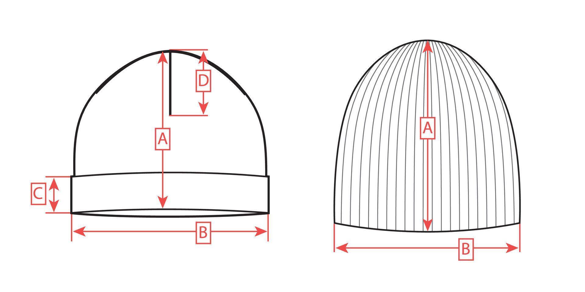 Technical sketch of hats with size chart vector