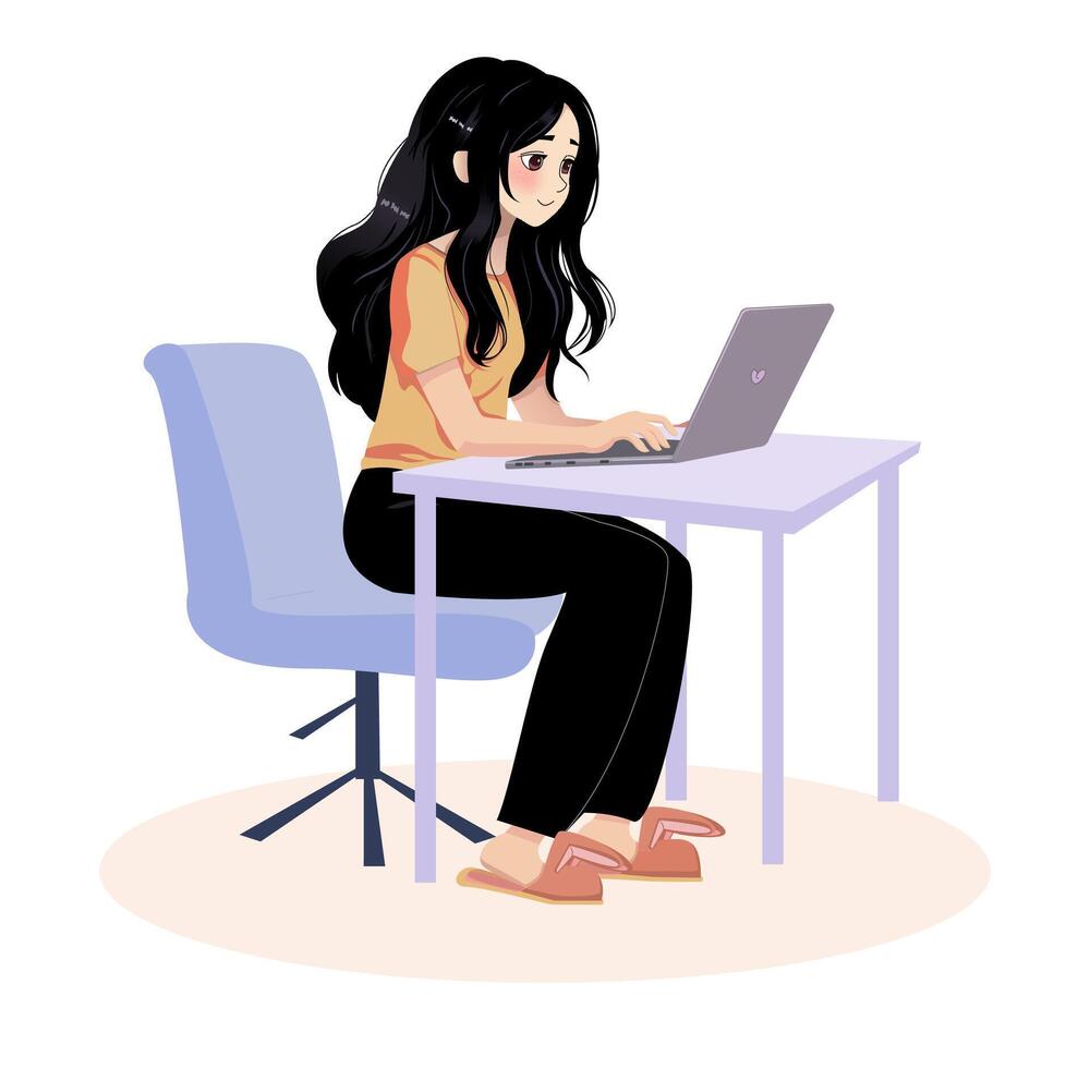 Girl working at home with a laptop on table 2D cartoon character. Cute style girl with black hair Isolated . Remote work flat spots illustration vector