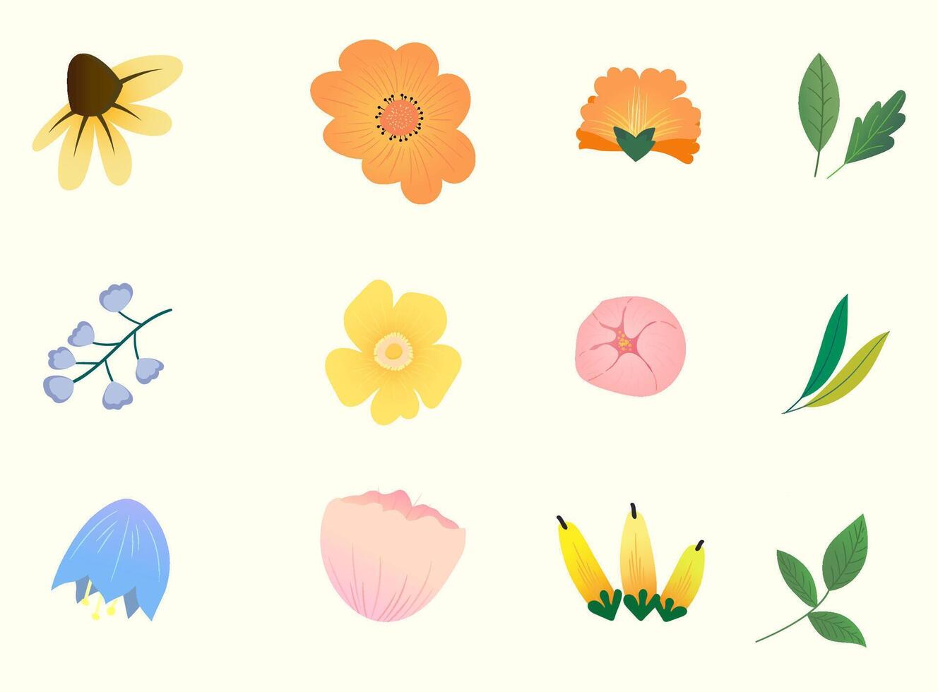 Collection of spring colorful flower elements . Set floral of wildflower, leaf branch, foliage on white background. Hand drawn blossom illustration for decor, easter, sticker, clipart, print. vector