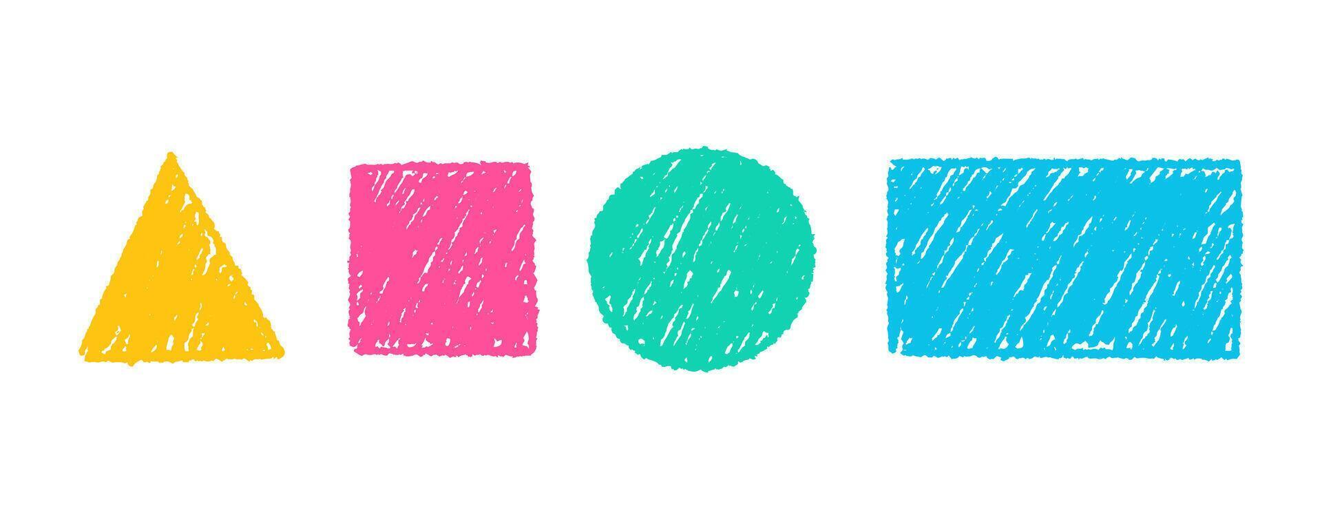 Set of simple colorful geometric shapes with crayon pencil. Circle, square, triangle and rectangle. texture illustration vector