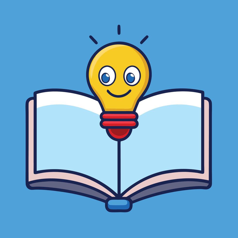 Flat Cartoon Open Book with Glowing Lightbulb vector