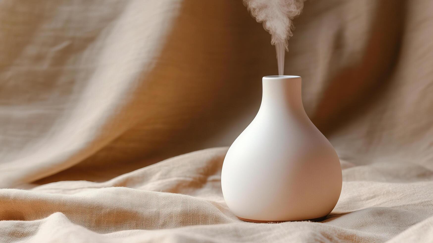 A white vase with a white mist coming out of it photo
