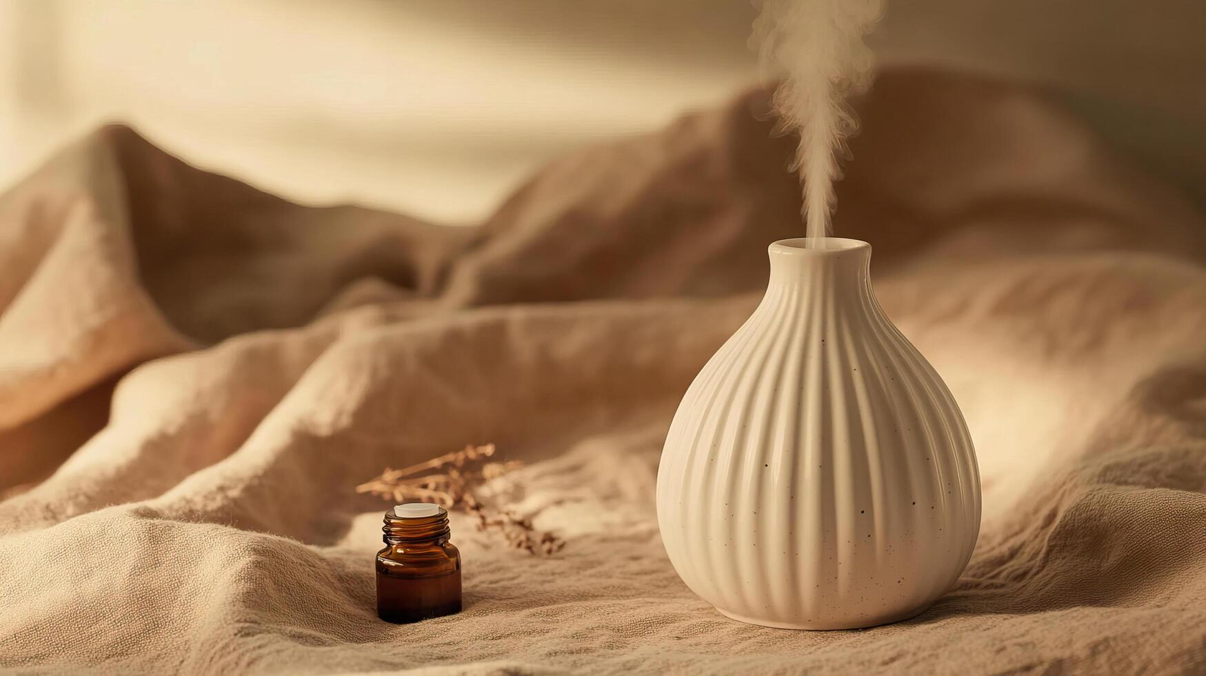 A white vase with a small bottle of essential oil on a linen photo