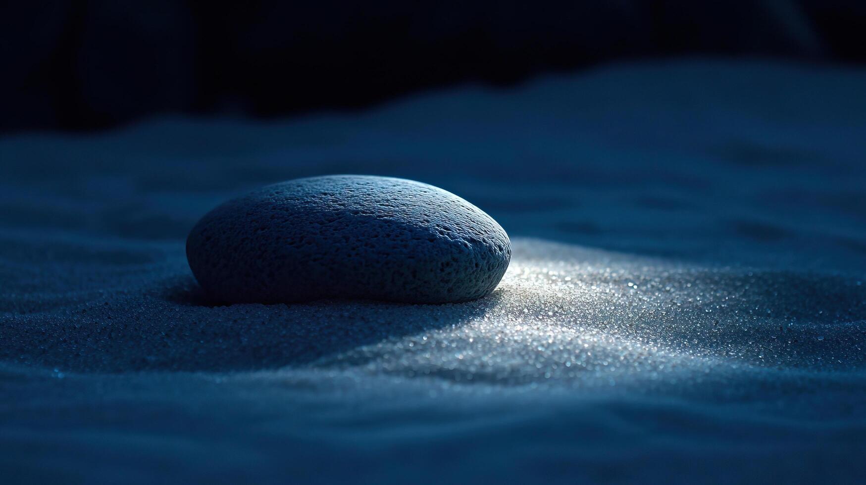 A stone sitting in the sand with a light shining on it photo