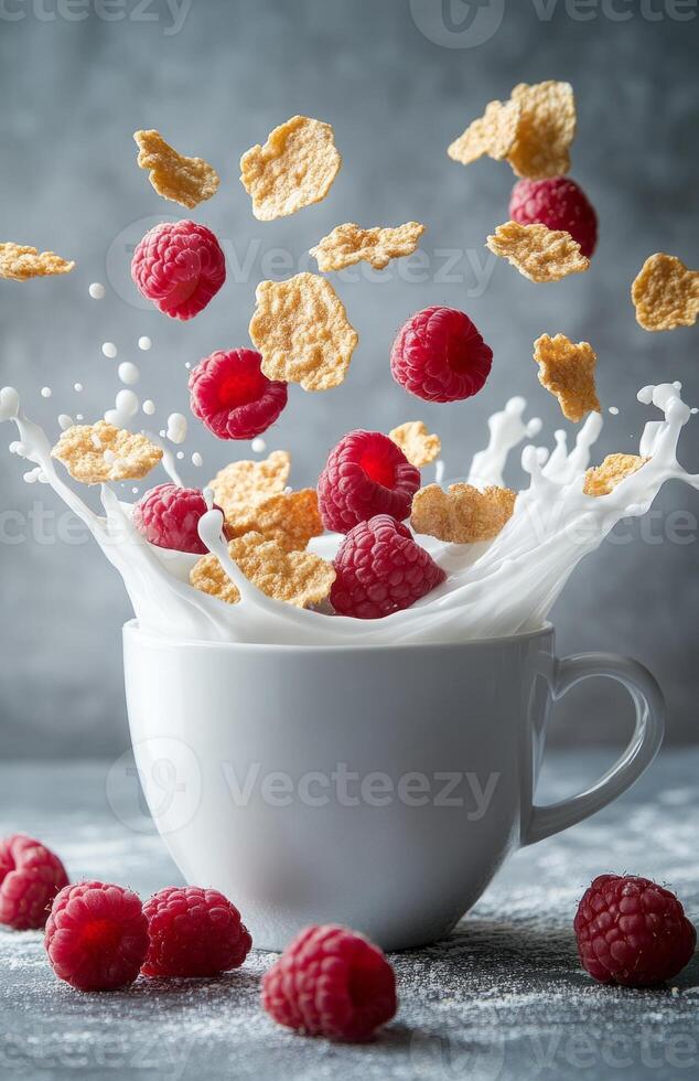Milk splashing from white mug with raspberries and cornflakes flying, gray background photo