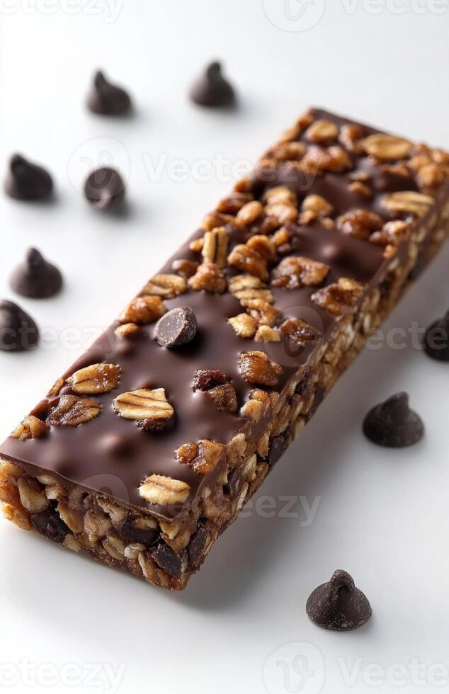Complete Granola Bar with Chocolate, Isolated on Solid Background photo