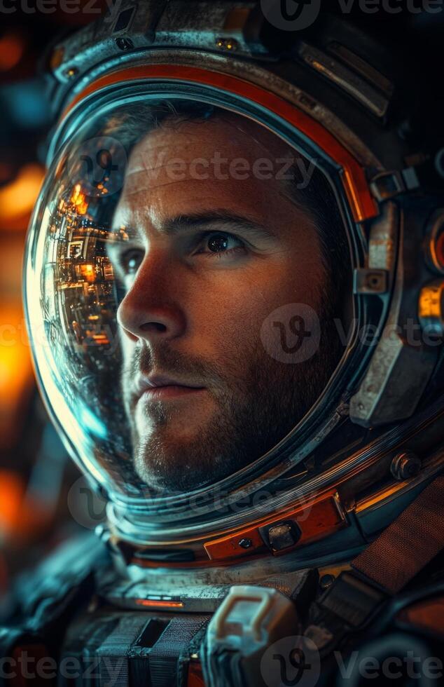 An astronaut in space looking at something photo