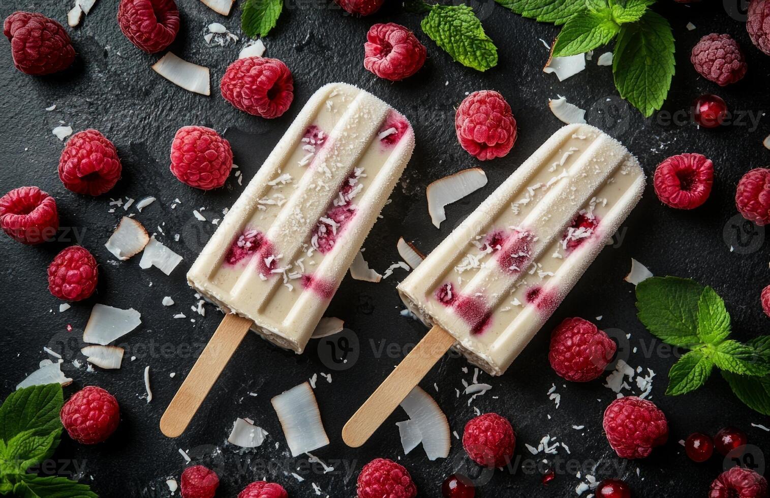 Popsicle with coconut and raspberries on a dark background, refreshing summer treat photo
