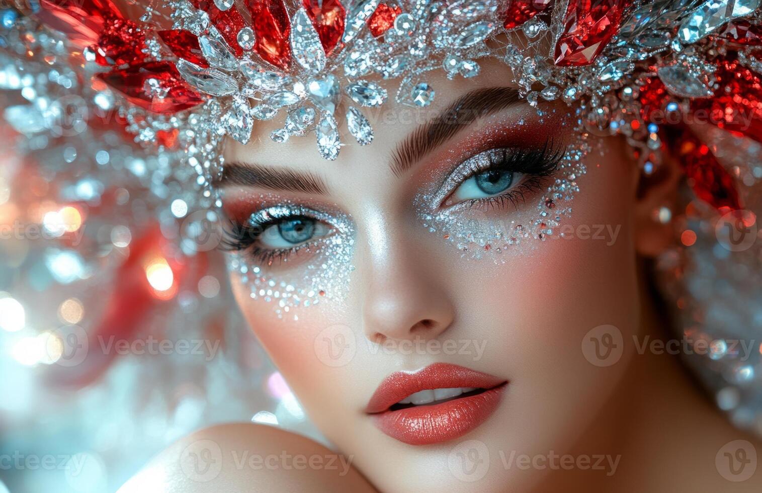 A beautiful woman with shiny red and silver makeup, wearing a crystal headdress photo