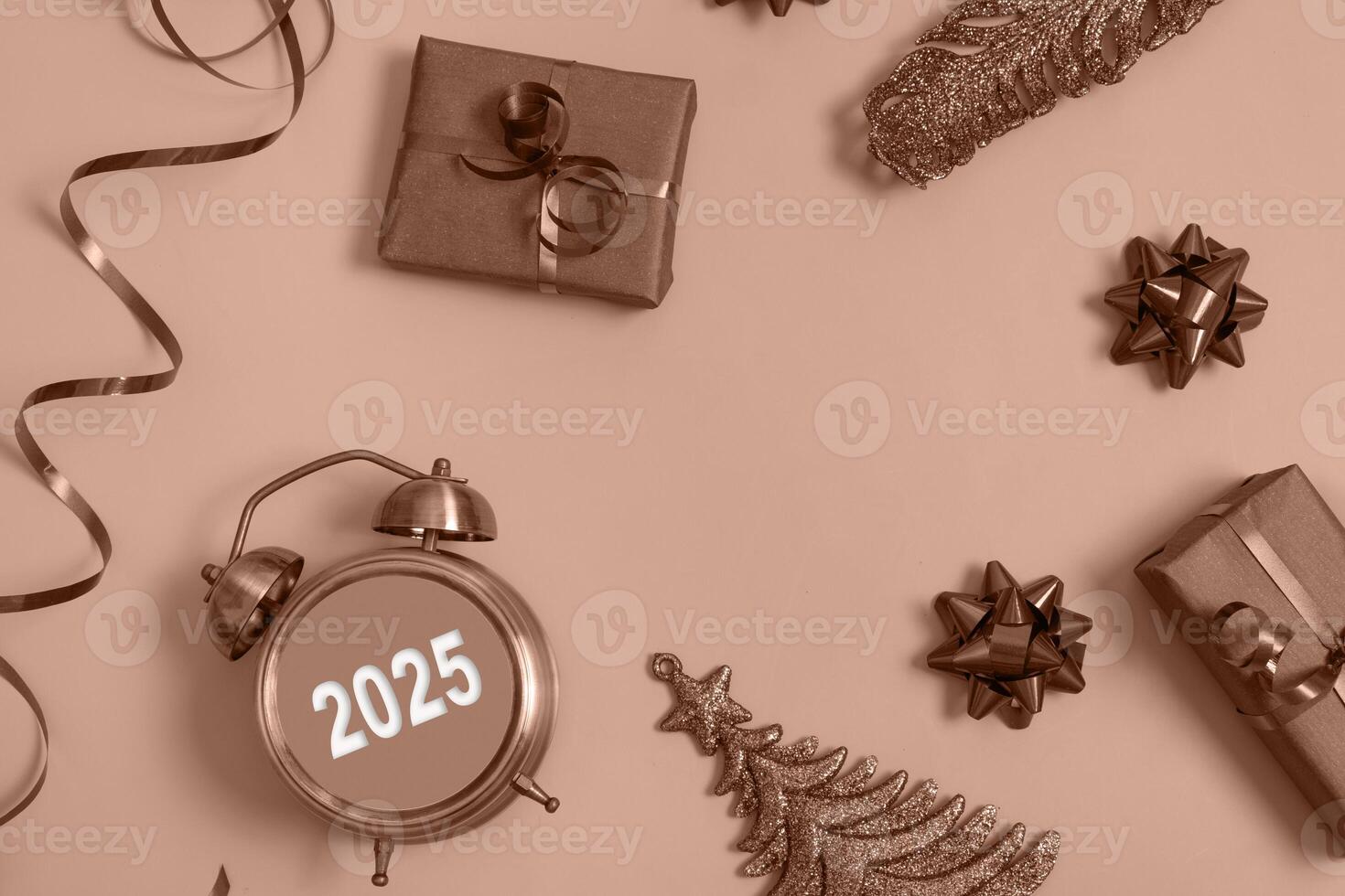 Flat lay 2025 new year alarm clock and gift boxes on mocha mousse colour background photo