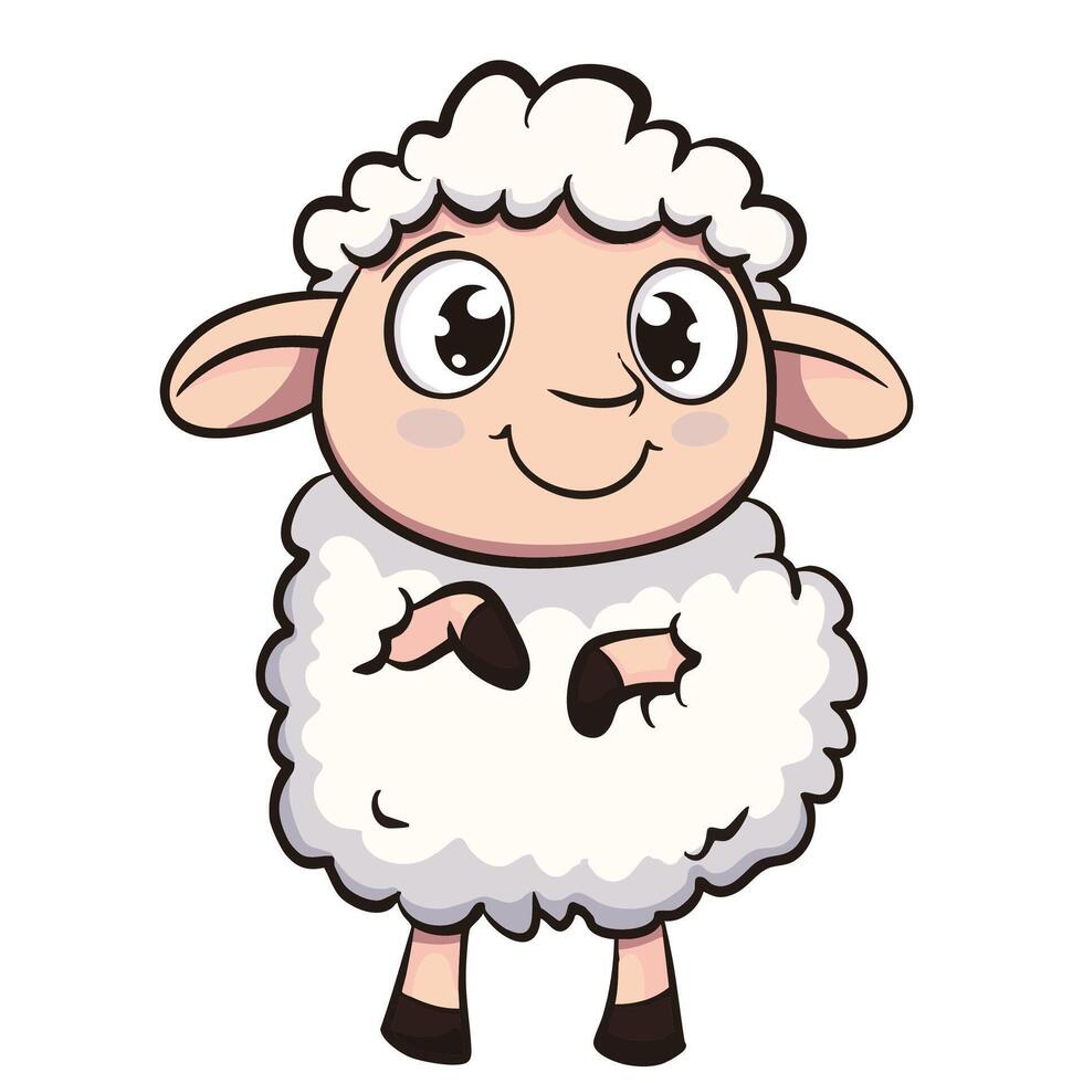 cute cartoon sheep with fluffy wool and big eyes, smiling happily. This adorable character is perfect for children illustrations and farm themed designs vector