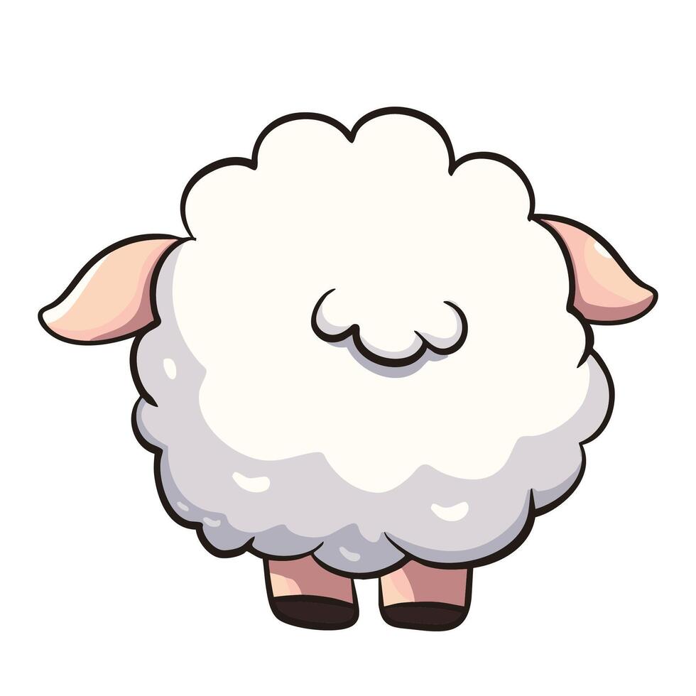 cute cartoon sheep with fluffy white wool and pink ears viewed from back, showcasing its round shape and playful design. Perfect for children illustrations or farm themed projects vector