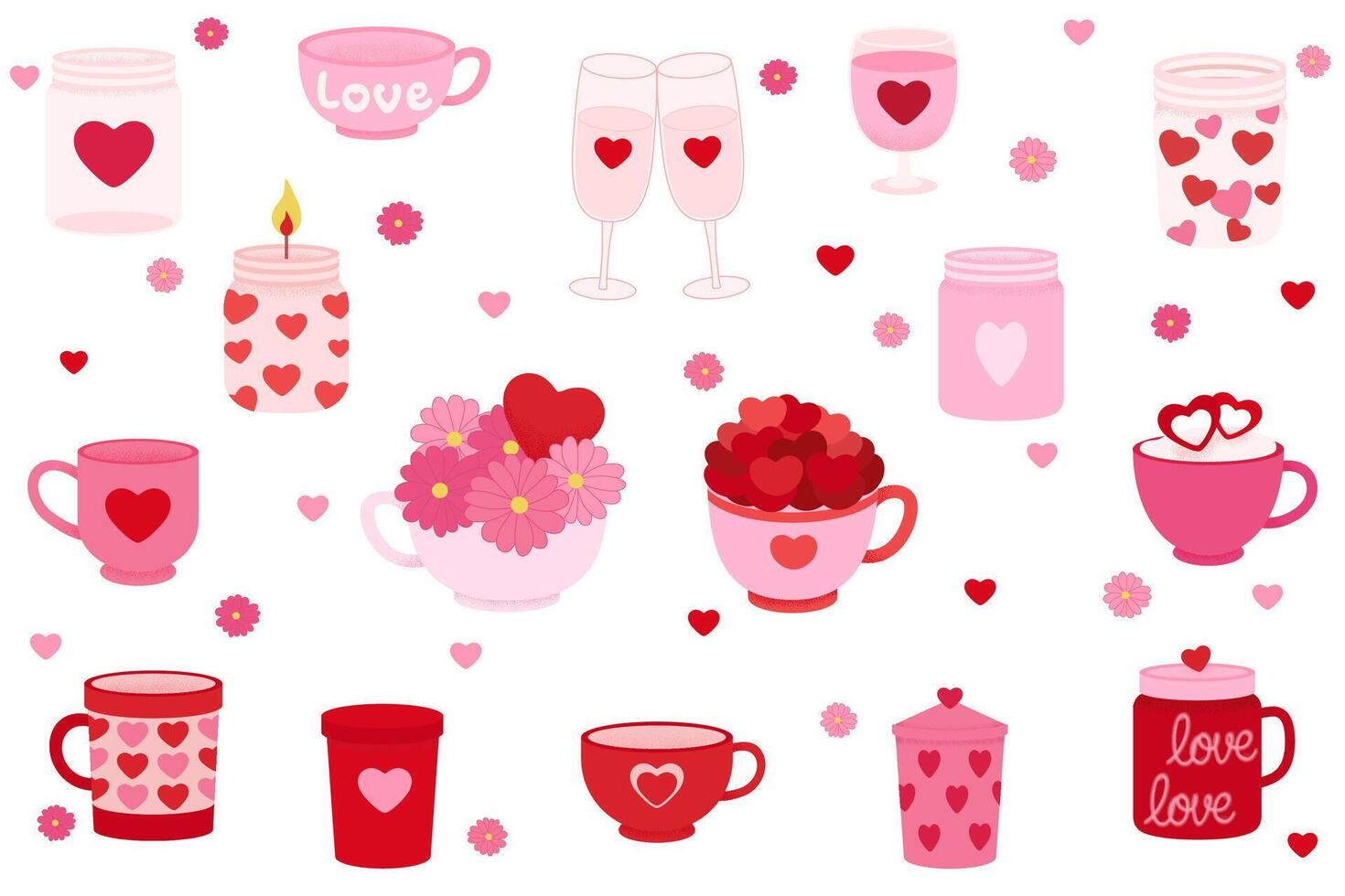 A set of romantic mugs, cups, jars and glasses, a set of stickers. Isolated illustrations on a white background. vector