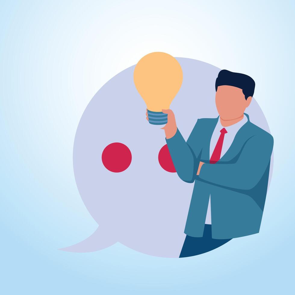 A man holding a lamp inside a chat icon. Illustration for suggestions, criticisms and tips and tricks. vector