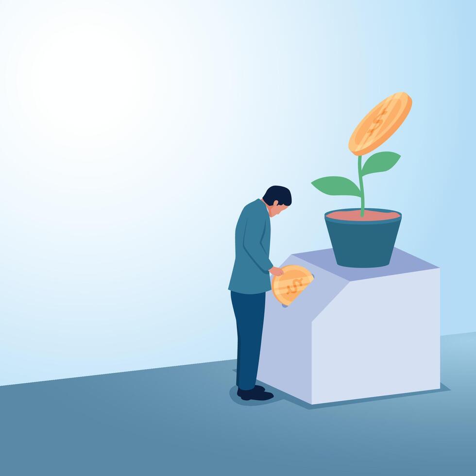 A man saves in a money plant box. Illustration for return on investment, stocks and company value. vector