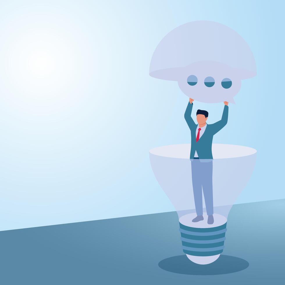 A man holds up a chat icon inside a lamp. Illustration for suggestions, criticisms and tips and tricks. vector