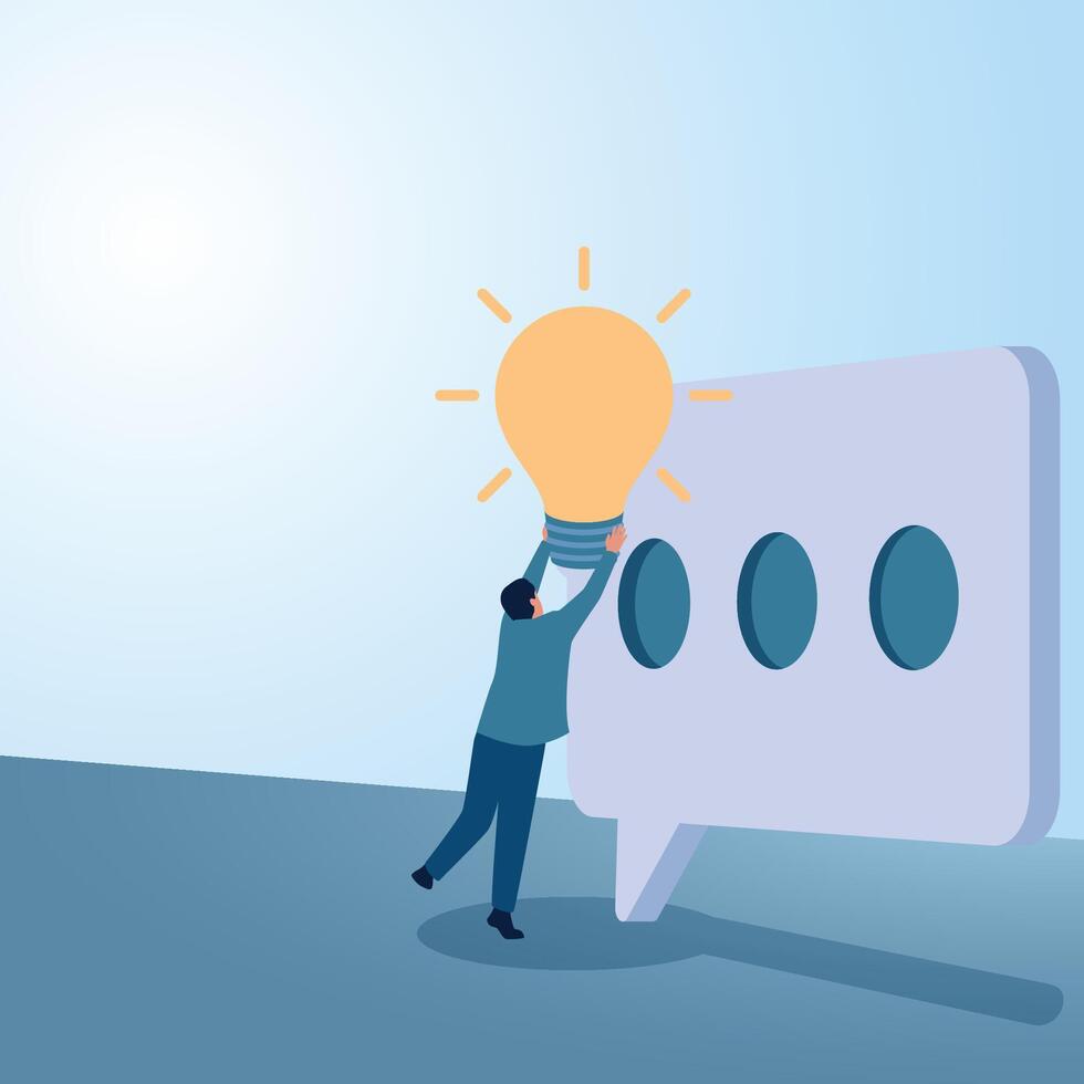 A man places a lamp near the chat icon. Illustration for suggestions, criticisms and tips and tricks. vector