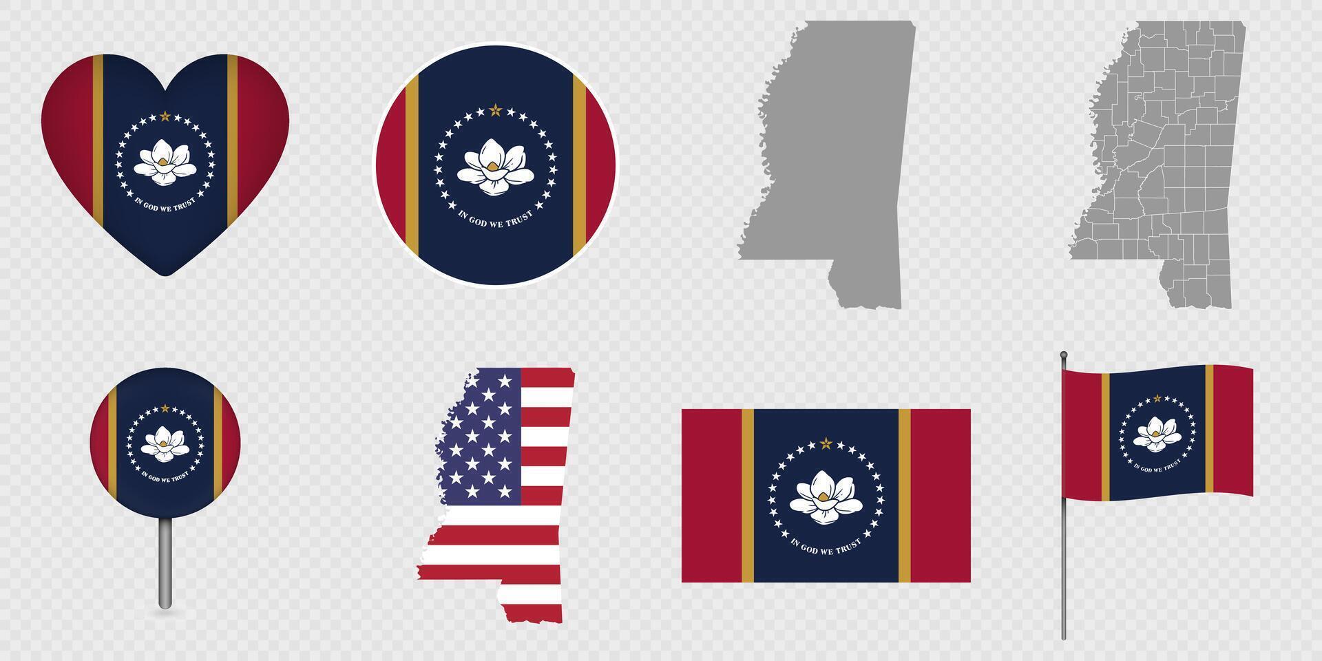 Mississippi State Flags and Maps Icon Pack. vector