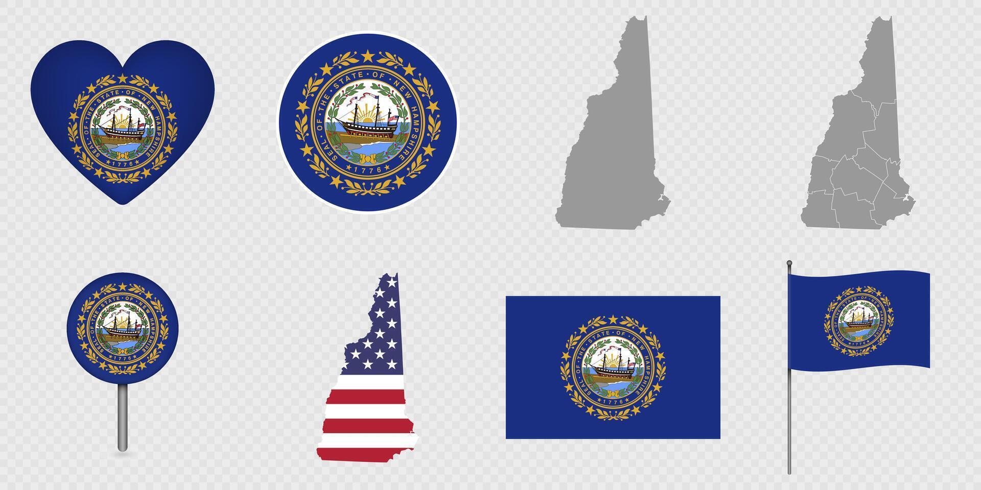 New Hampshire State Flags and Maps Icon Pack. vector