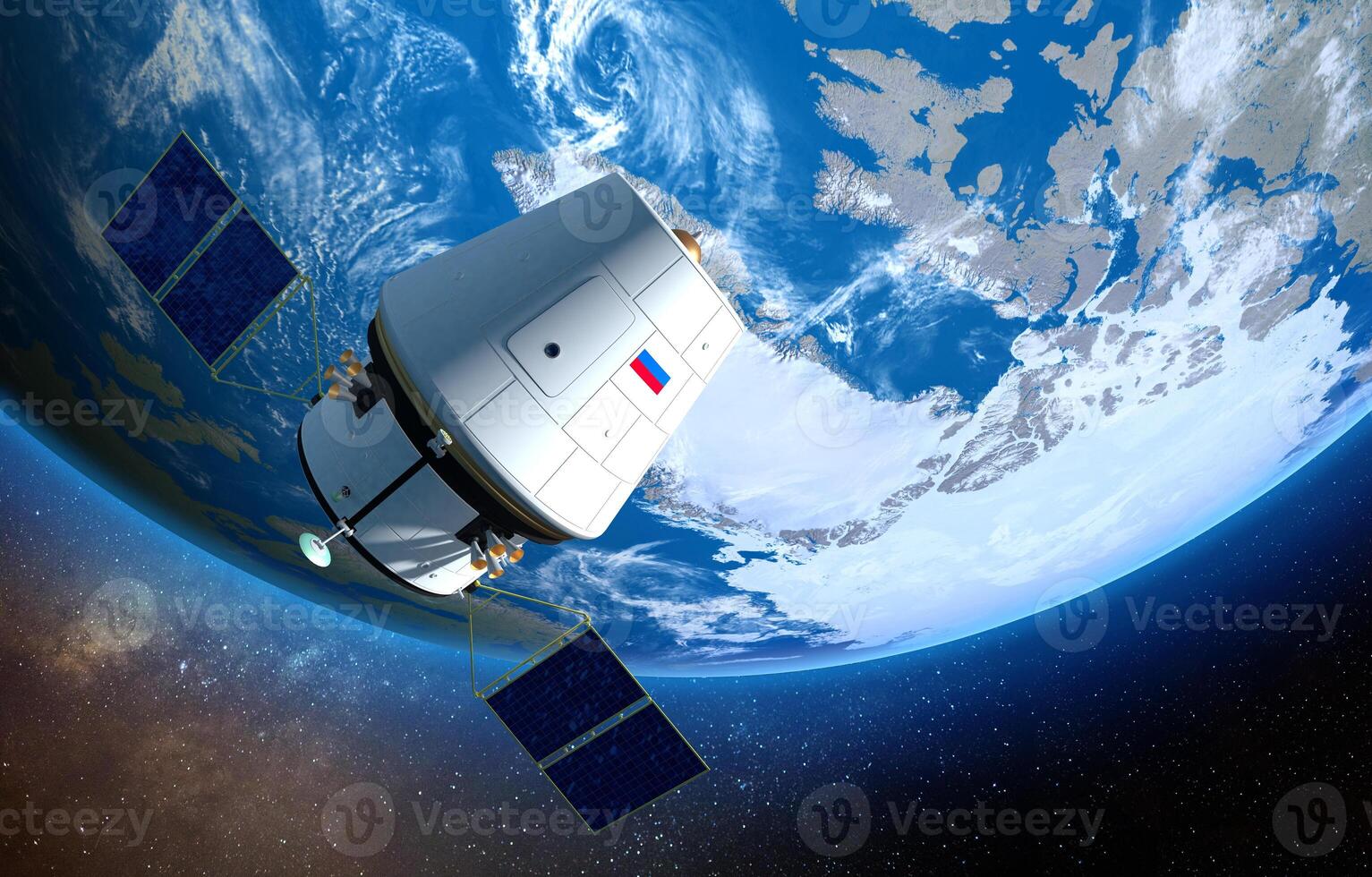 3D model of the Russian reusable crewed spacecraft orbiting planet Earth against a galaxy background photo