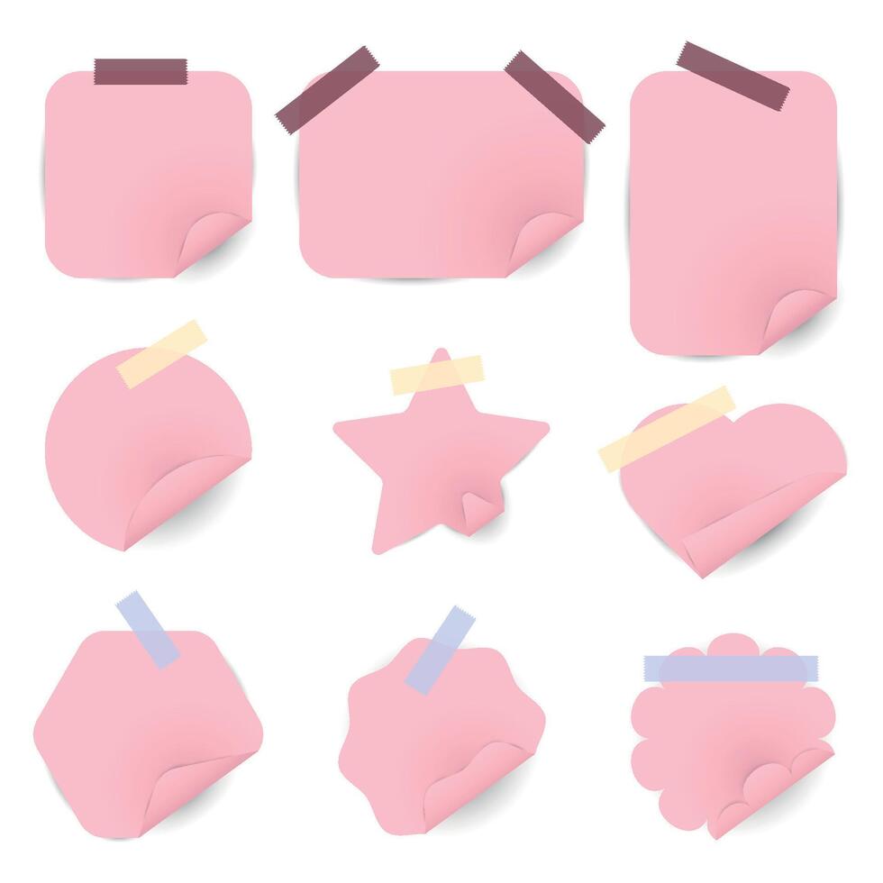 Set of realistic stickers in the shape of heart, star, flower, geometric shapes in pink with different adhesive tape vector