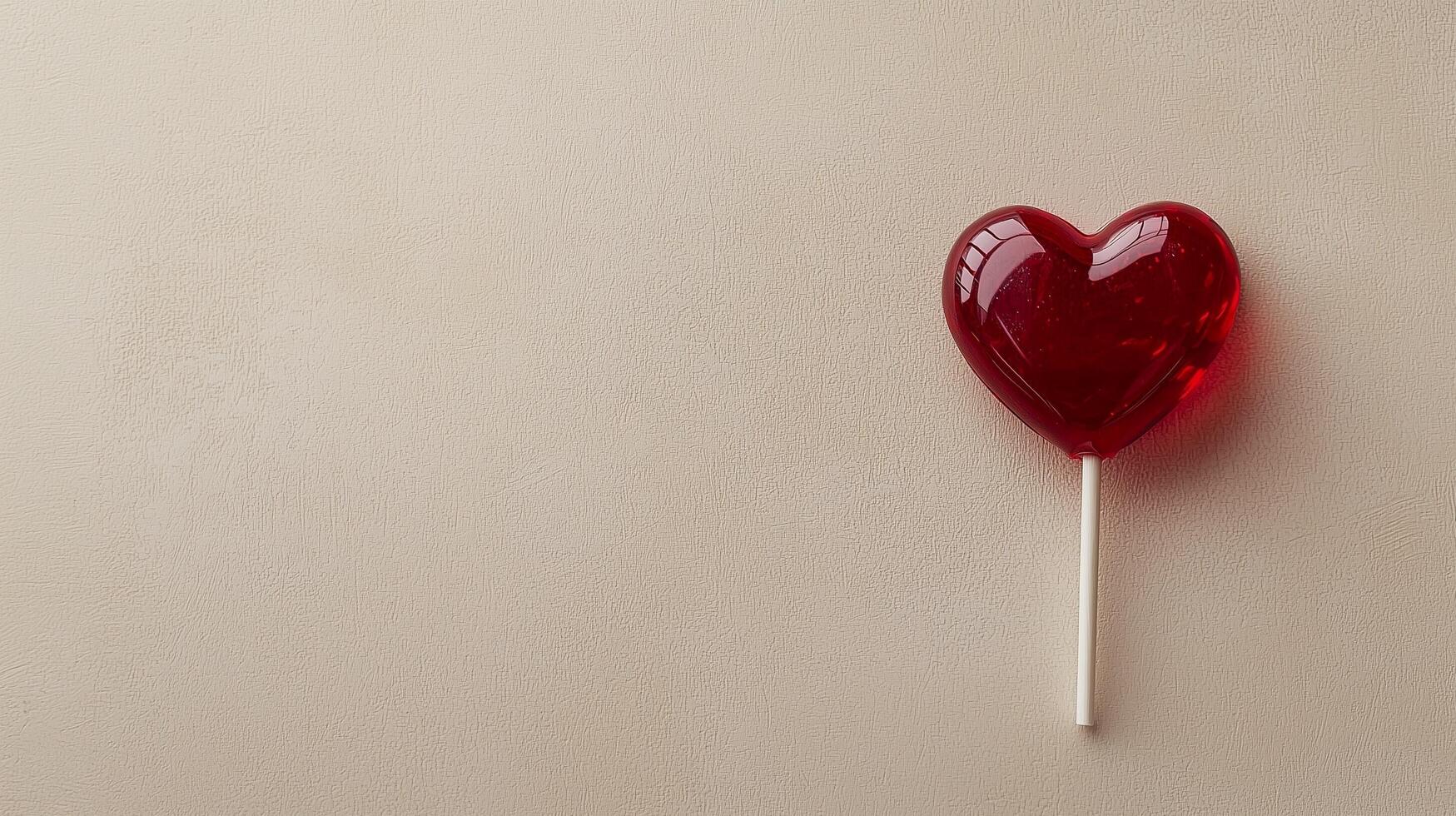 A red lollipop with a heart shape on top of a beige background photo