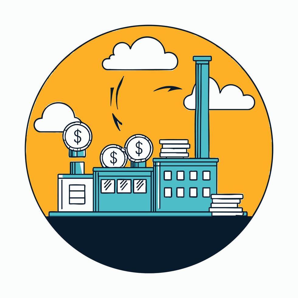 A factory with stacks of money and stacks of money vector