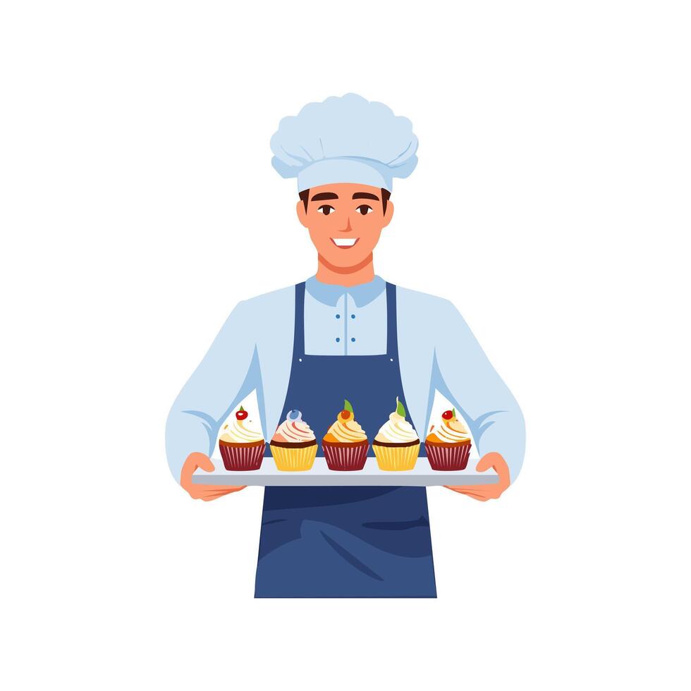 baker presenting a tray of cupcakes vector