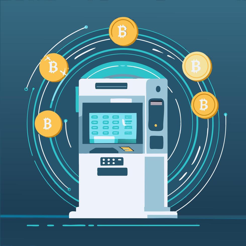 Bitcoin atm machine with coins and coins vector