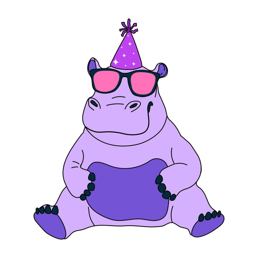 Cool cartoon hippo wearing sunglasses and a birthday hat, celebrating with a fun and playful party vibe vector