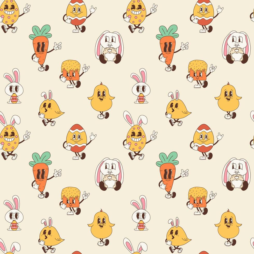 Seamless pattern with set of Groovy Cute Easter Characters vector