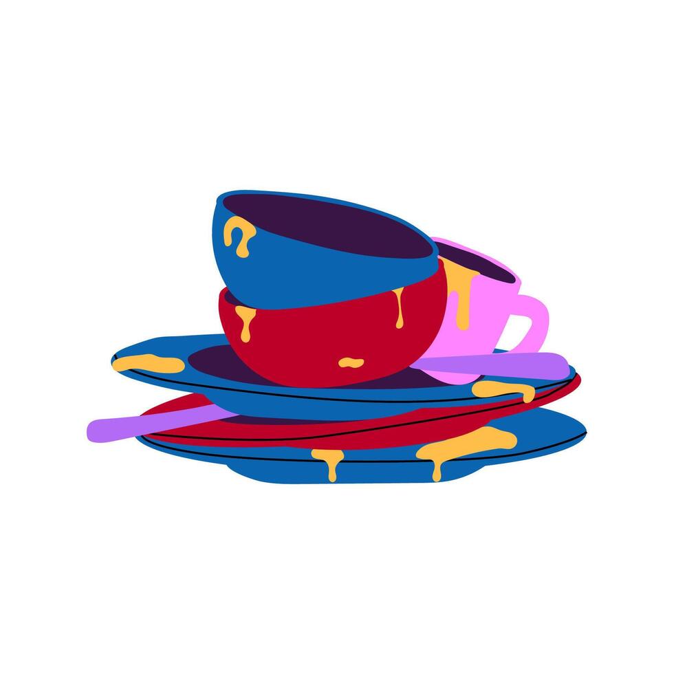 A pile of unwashed colorful plates and cups, symbolizing kitchen mess, household chores, and everyday cleaning struggles vector