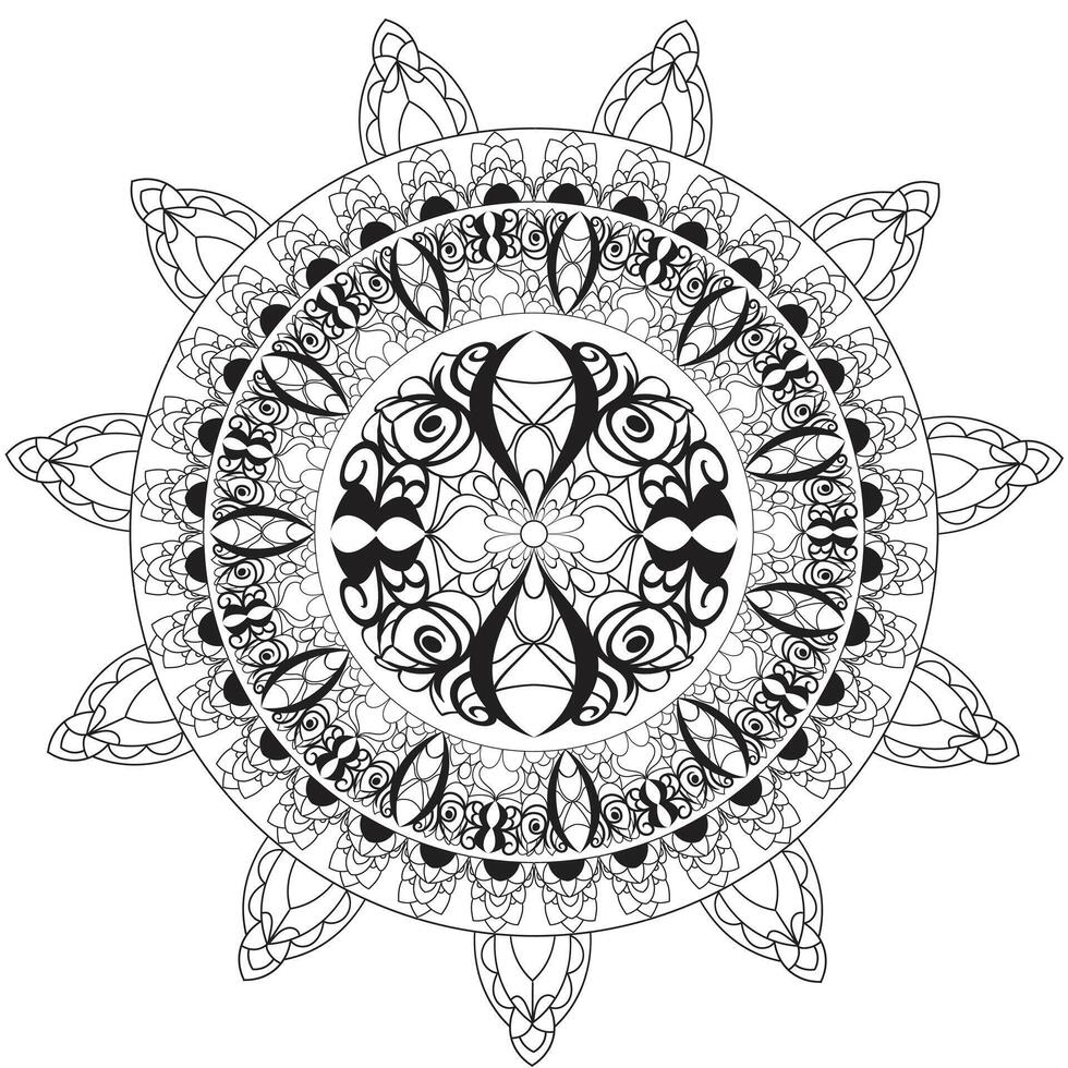 Beautiful black and white mandala illustration with intricate patterns, perfect for coloring or decoration. vector