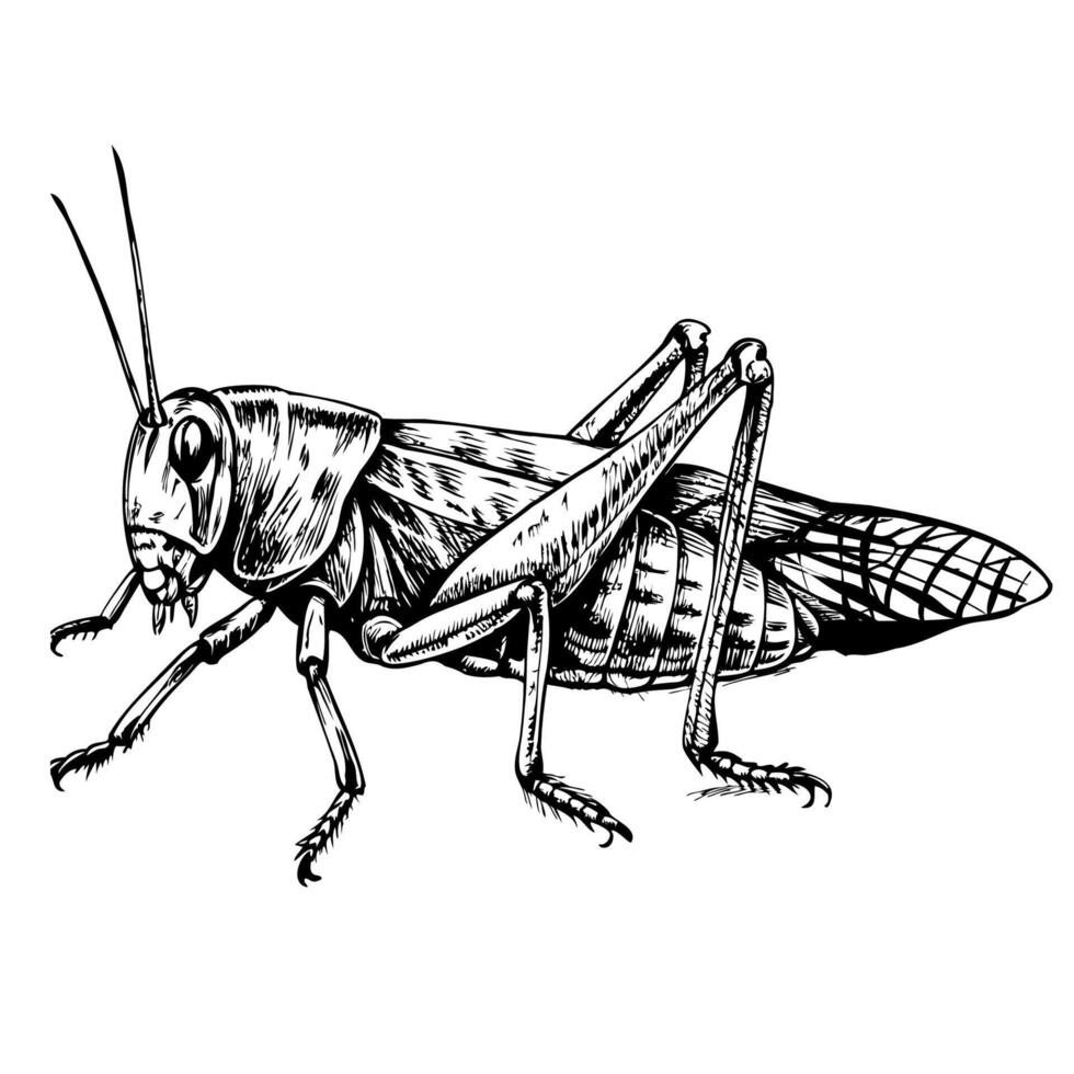 A black and white drawing of a grasshopper vector