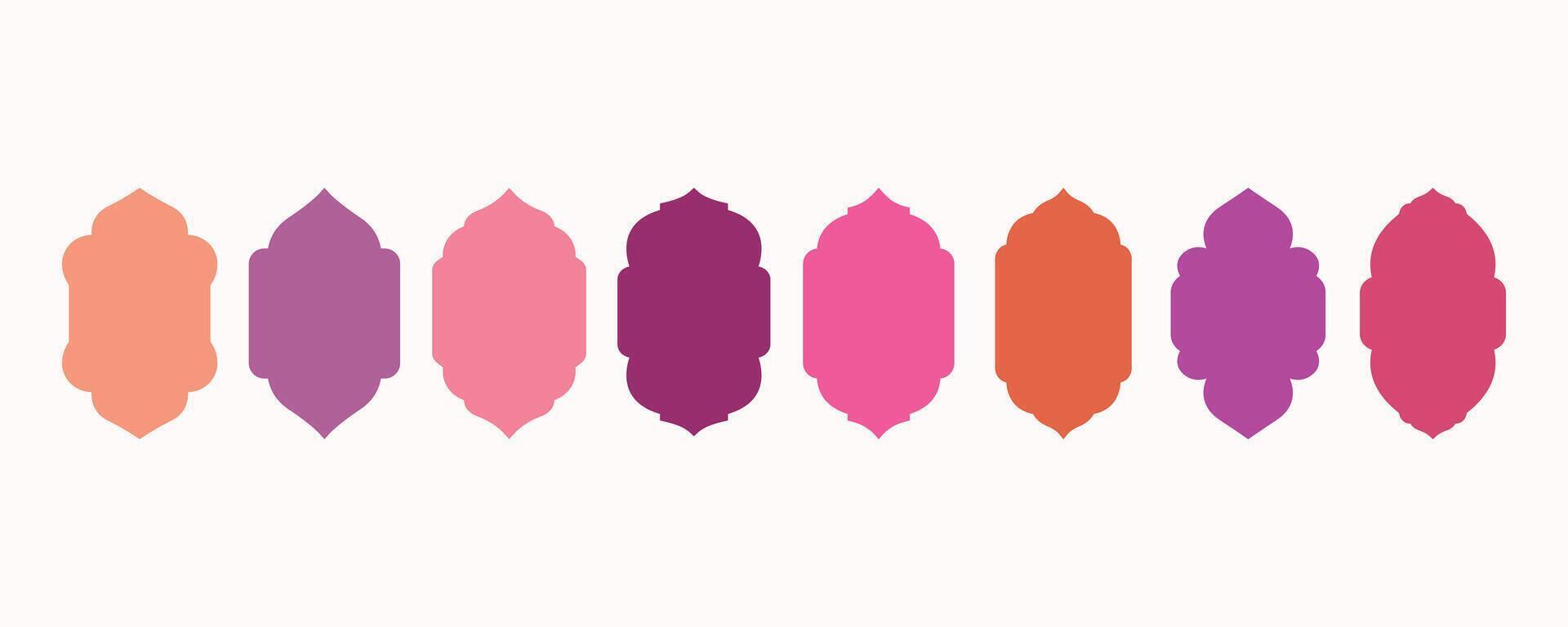 Flat collection of mosque gates, doors, lanterns, and windows in boho color. Oriental-style Islamic arches, labels, and frame templates. Turkiye Inspired by simple Muslim frame shapes. vector