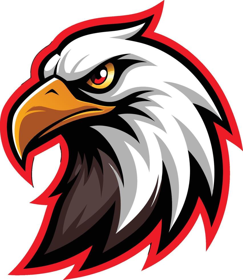 Stylized eagle head logo, fierce expression, sharp beak, white feathers, red outline, graphic design, bold colors, mascot style, art, sports team emblem vector