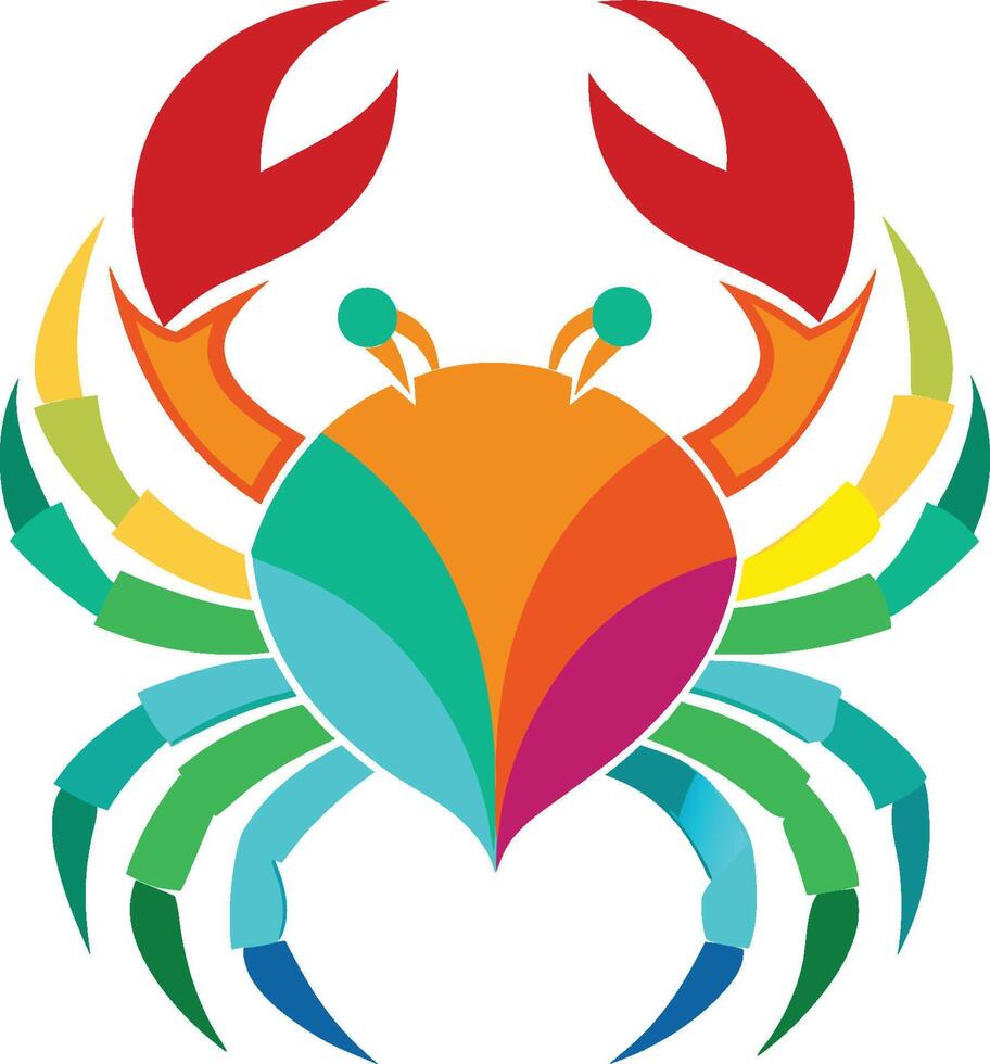 Colorful geometric crab logo, vibrant rainbow colors, stylized crustacean design, minimalist art, symmetrical composition, abstract shape, flat illustration vector