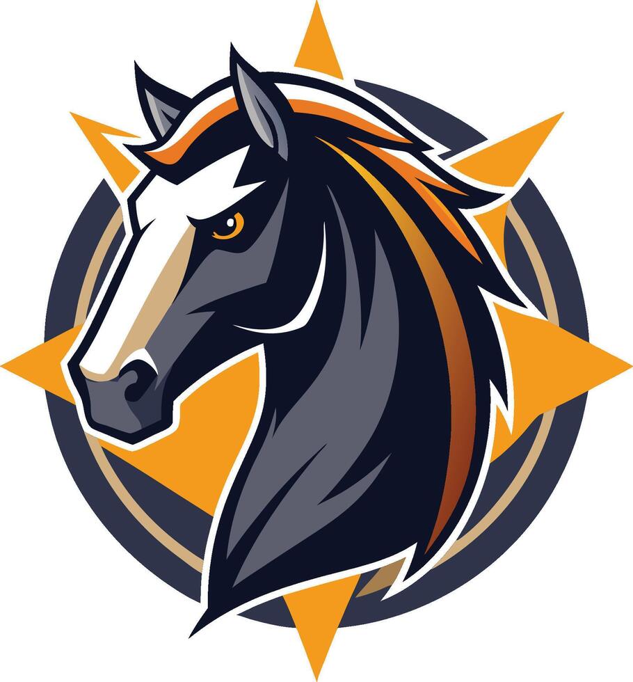 Horse head logo, stylized, geometric design, dark gray and orange color scheme, star shape background, fierce expression vector