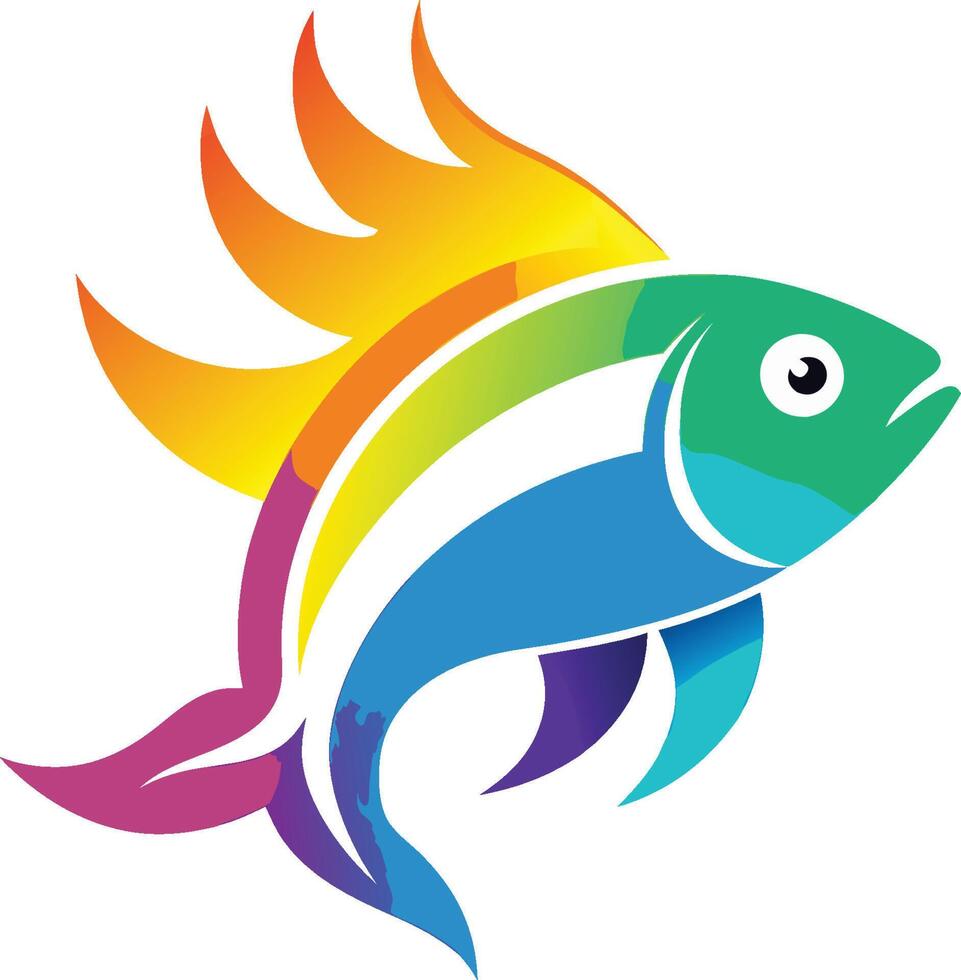 Stylized rainbow fish logo, vibrant colors, gradient hues, flame-like fin, minimalist design, abstract fish shape, cheerful mascot, art, smooth curves, eye-catching icon vector